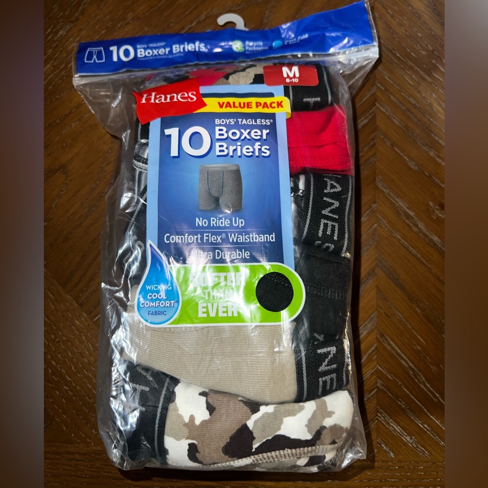 Hanes Boys’ Comfort Flex Tagless Boxer Briefs, 10 Pack, Size M